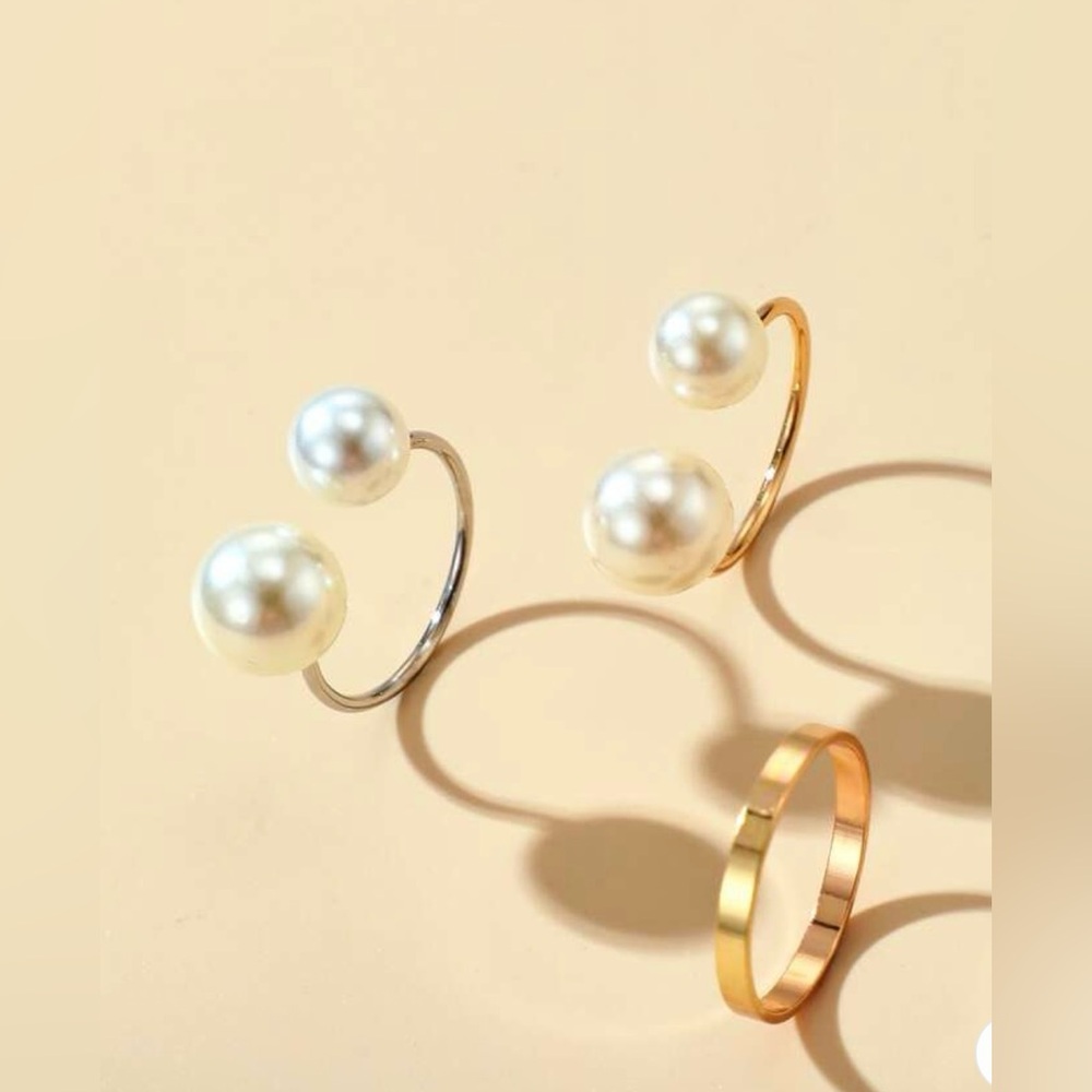 Set of 3 Pearl Gold and Silver Ring - Picture 4 of 5